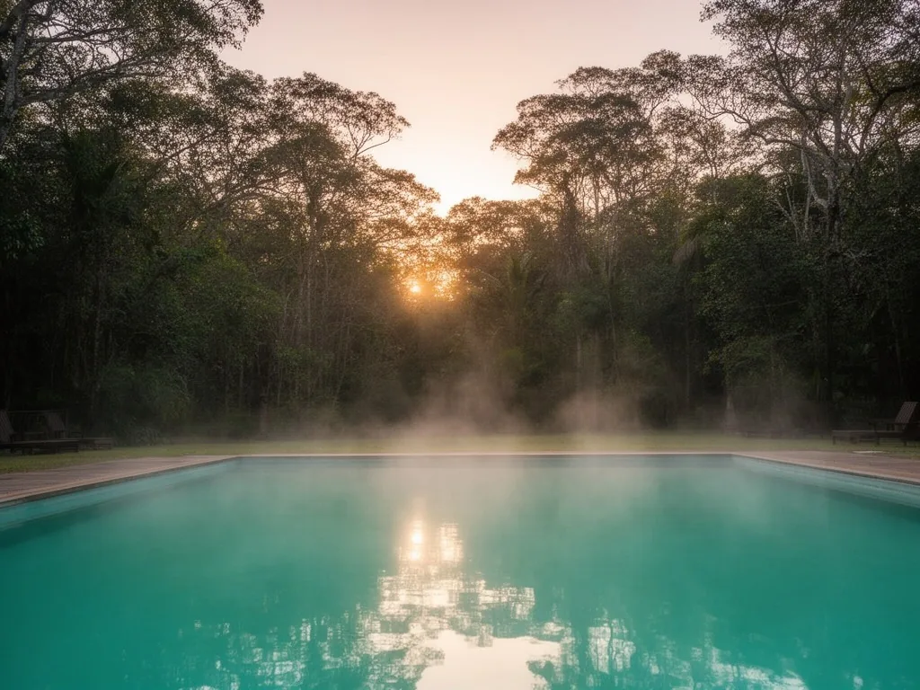 Pileta termal rodeada de jardín botánico al atardecer