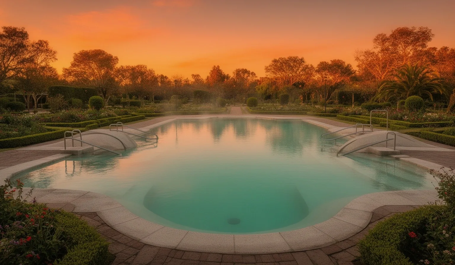 Complejo termal argentino al atardecer con vapor ascendente sobre aguas minerales