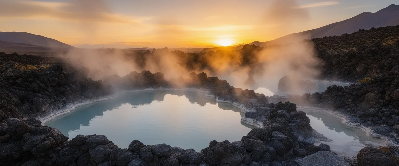 Paisaje termal argentino con piletas de agua mineral sobre roca volcánica al atardecer