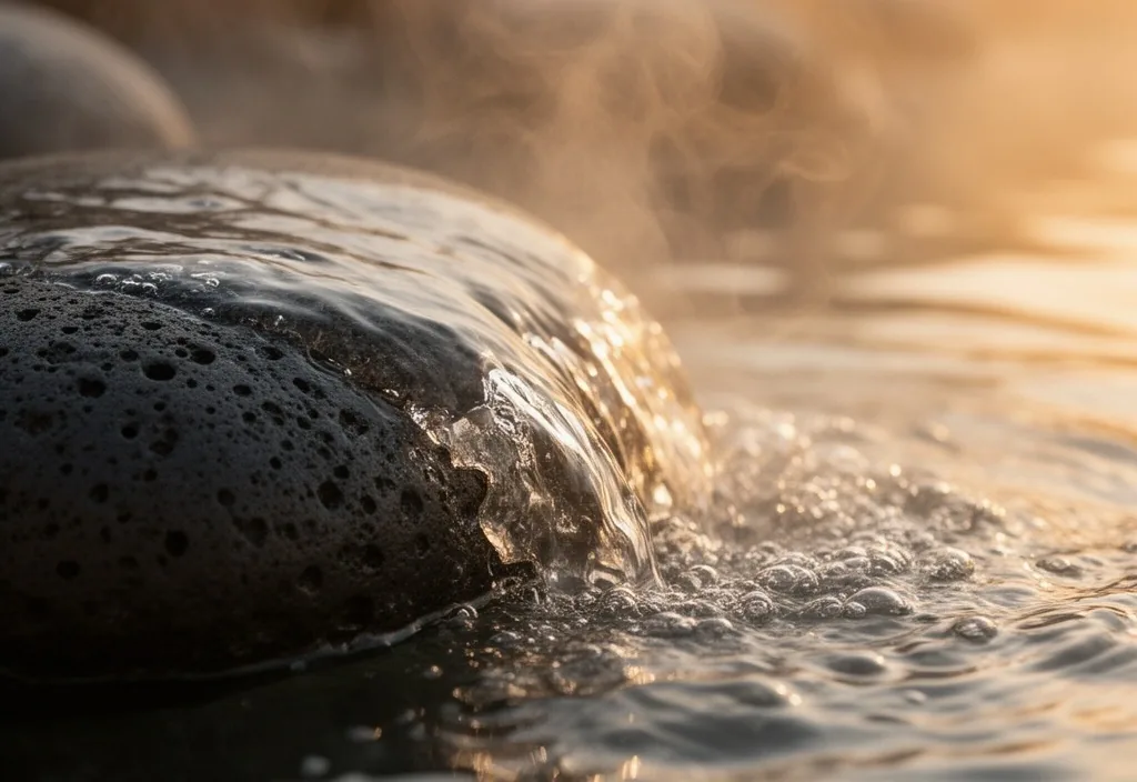 Primer plano de agua termal cristalina con vapor y reflejos ambarinos
