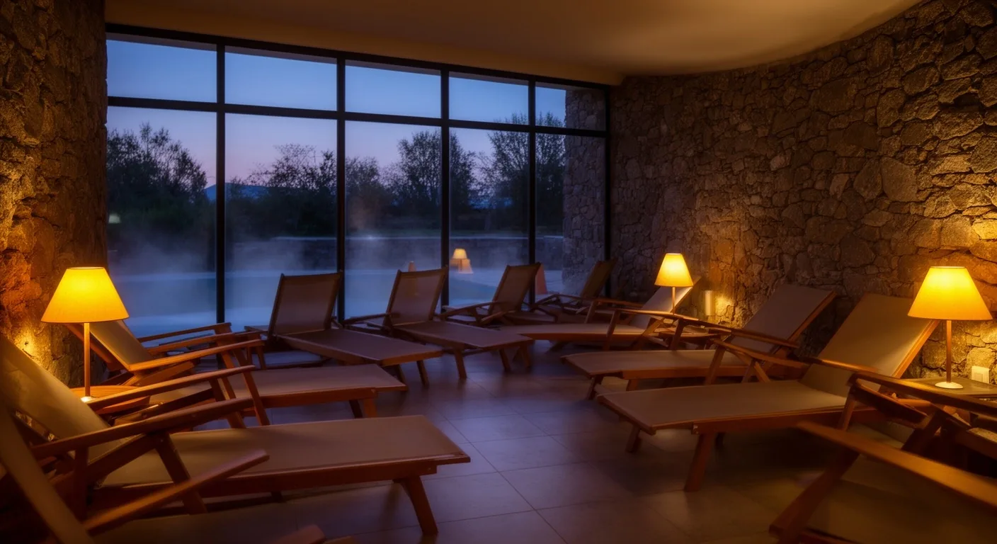 Sala de relajación de complejo termal con sillones orientados a ventanas y luz cálida