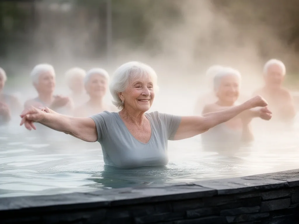 Grupo de adultos mayores realizando aquagym en pileta termal