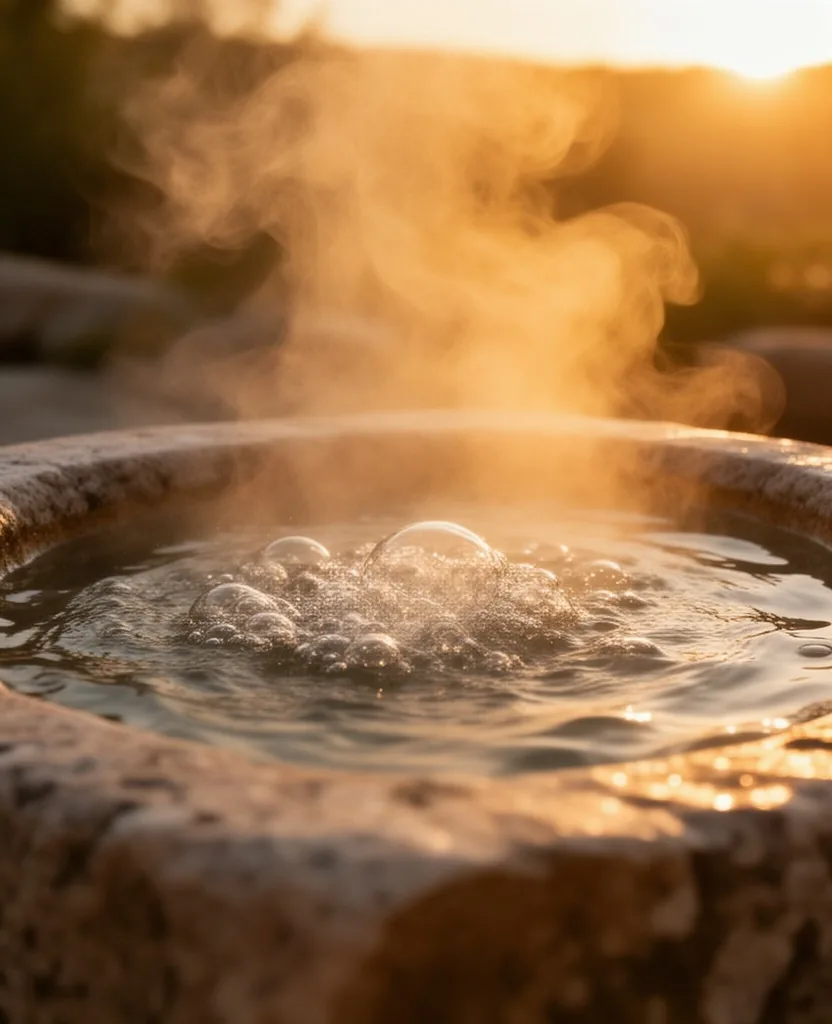 Agua termal mineralizada con vapor al atardecer