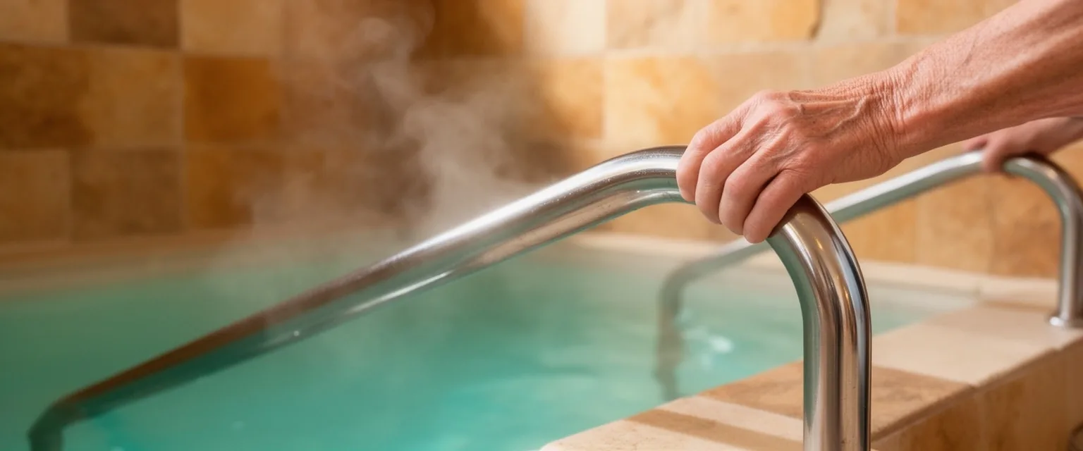Baranda de seguridad junto a piscina termal