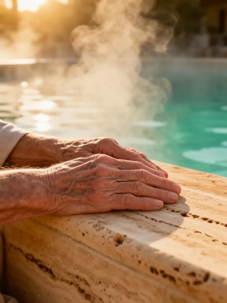Manos de una persona mayor descansando sobre piedra caliente junto a una piscina termal