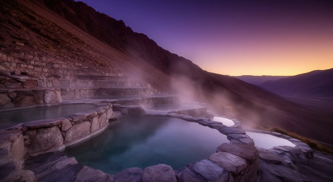 Paisaje termal argentino con formaciones rocosas y piscinas de aguas minerales al atardecer