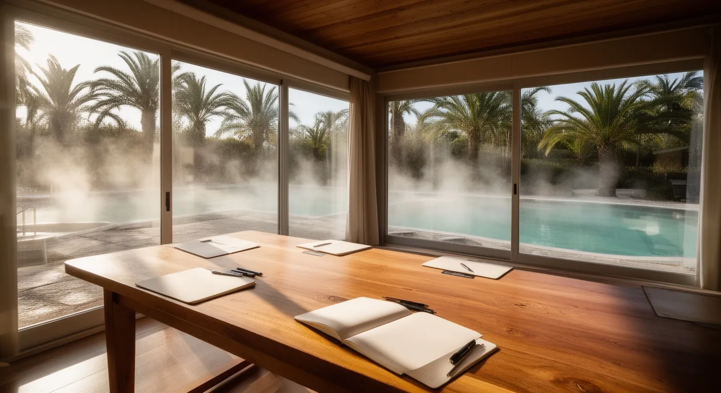 Sala de trabajo editorial con vista a un paisaje termal