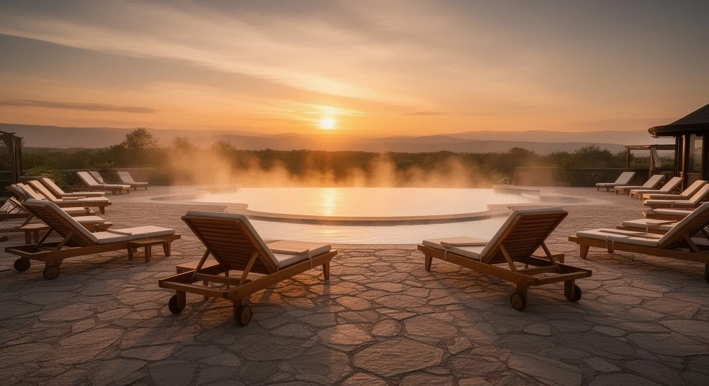 Terraza de piscinas termales con tumbonas amplias y espaciadas al atardecer