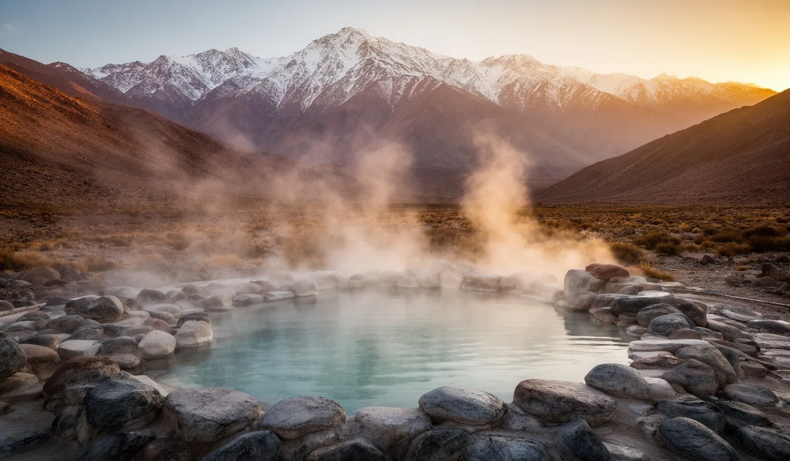 Termas de Mendoza al atardecer con la cordillera de fondo